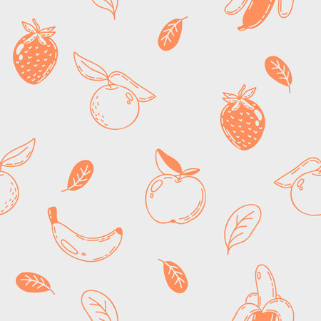 Vector seamless pattern of a different fruits and berries drawn in doodle style. Tasty and fresh apples, bananas and oranges.のイラスト素材