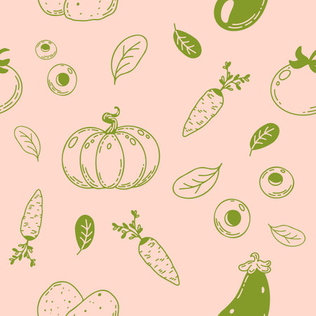 Vector seamless pattern of a different vegetables drawn in doodle style. Pumpkin, eggplant, carrots, potatoes, olives. Healthy vegan pattern.のイラスト素材