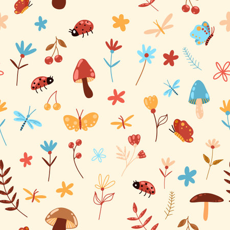 Different nature elements set. Seamless pattern with mushrooms, berries, ladybugs, flowers, butterflies, leaves and stemsのイラスト素材