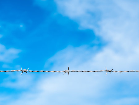 Barbed wire strand with blue sky and clouds in the background.の写真素材