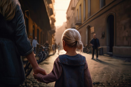 girl holding her mother's hand on the street view from the back. generated AI.の素材