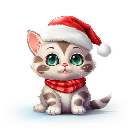 cute cartoon tabby kitten in red christmas hat isolated on white backgroundの素材