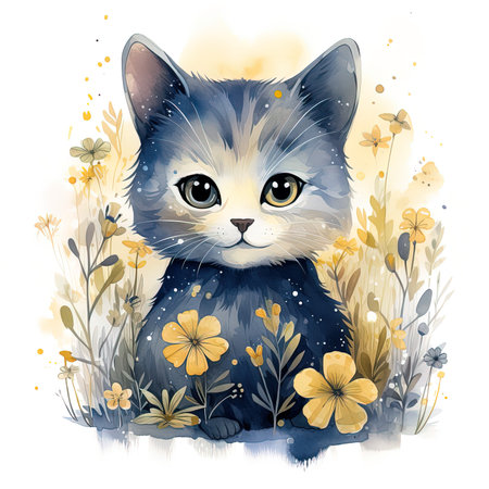 watercolor cartoon illustration portrait of a gray cat surrounded by yellow flowers and plants isolated on white backgroundの素材