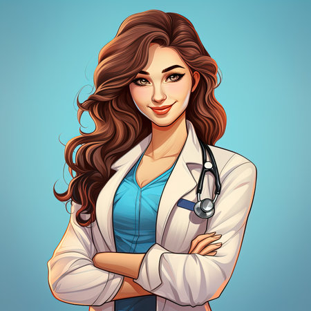 cartoon illustration of a beautiful smiling young woman doctor with crossed arms on her chestの素材
