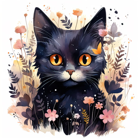 watercolor illustration portrait of a black cat surrounded by flowers and plants isolated on white backgroundの素材