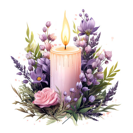 watercolor illustration of a lit candle among pink and purple flowers and plants, isolated on a white backgroundの素材