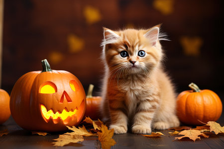 cute fluffy ginger kitten sitting next to halloween pumpkinの素材