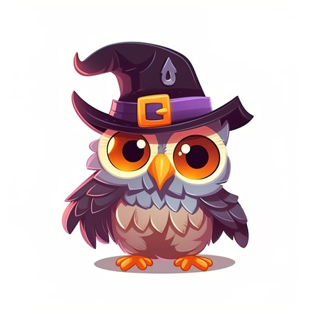cute cartoon owl in a witch hat, png on a transparent backgroundの素材