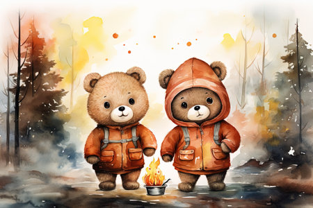children's watercolor illustration of two bear cubs in an orange jacket warming themselves by the fire in the autumn forestの素材