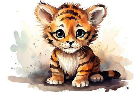 watercolor illustration of cute cartoon tiger cub isolated on white backgroundの素材