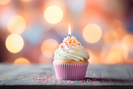 delicious pink birthday cupcake with candle on blurred background with bokehの素材