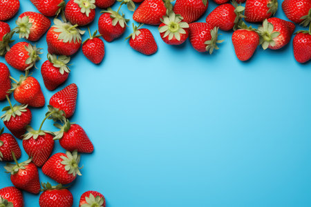 sweet red ripe strawberry frame on blue background top view, fresh berries template with copy spaceの素材