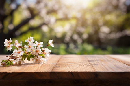 empty wooden table top with branch of cherry flowers on blurred spring park background for product display or montageの素材