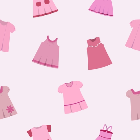 Seamless pattern with fashionable children's dresses on gray-pink background. Collection cute clothes for baby girls.のイラスト素材
