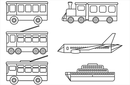 Set line icons different types of public transport - bus, tram, trolleybus, train, ship and airplane. Vector illustration.のイラスト素材