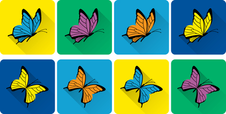 Icon set of colorful butterflies in flat style with long shadow. Vector illustration.のイラスト素材