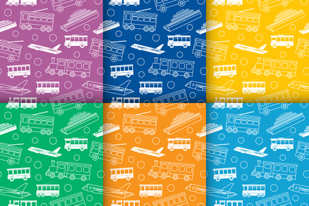 Set of seamless colorful patterns with different types of transport - bus, tram, trolleybus, train, ship and airplane. Line objects in flat style. Vector illustration.のイラスト素材