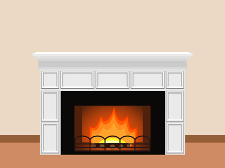 White fireplace with fire and firewood. Elements of home design. Vector illustration.のイラスト素材