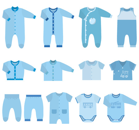 Set children's clothes for baby boys in flat style. Collection of isolated clothing on white background. Vector illustration.のイラスト素材