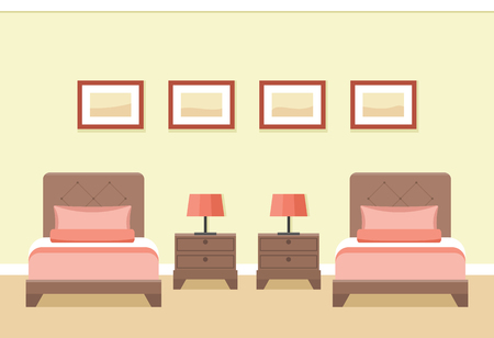 The interior of cozy hotel room with two beds in flat style. Vector illustration.のイラスト素材
