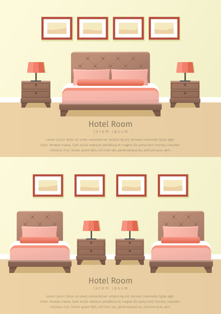 Set of two hotel rooms interior in flat style. Bedroom design. Vector illustration.のイラスト素材