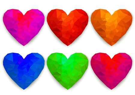 Polygonal hearts in different colors. Low poly design. Abstract shape. Vector set illustration.のイラスト素材
