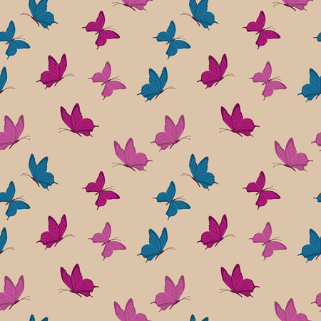 Retro seamless pattern with butterflies. Vintage design in violet colors. Background in flat style. Vector illustration.のイラスト素材