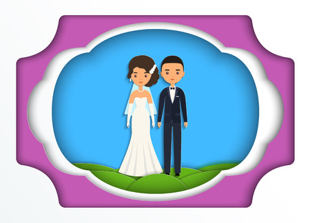 Bride and groom in paper art style. Vector flat people characters.のイラスト素材