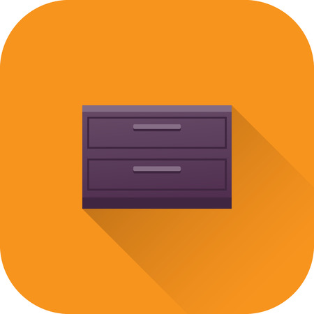 Bedside table icon. Vector. Flat design with long shadow. Nightstand symbol isolated on orange background. Furniture for bedroom.のイラスト素材