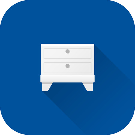 Bedside table icon. Vector. Flat design with long shadow. White nightstand symbol isolated on blue background. Furniture for bedroom.のイラスト素材