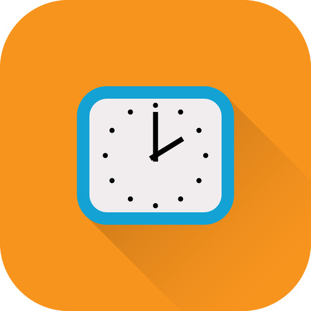 Clock icon. Vector. Flat design with long shadow. Blue time symbol isolated on orange background.のイラスト素材