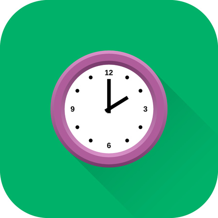 Clock icon. Vector. Flat design with long shadow. Violet time symbol isolated on green background.のイラスト素材
