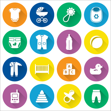 Baby icons. Vector. Baby shower simple elements isolated. Collection symbols for newborn kids in flat design with long shadow in circles.のイラスト素材
