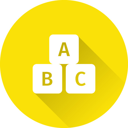 Cube baby icon. Vector. White toy on yellow background. Baby shower simple symbol in flat design with long shadow.のイラスト素材