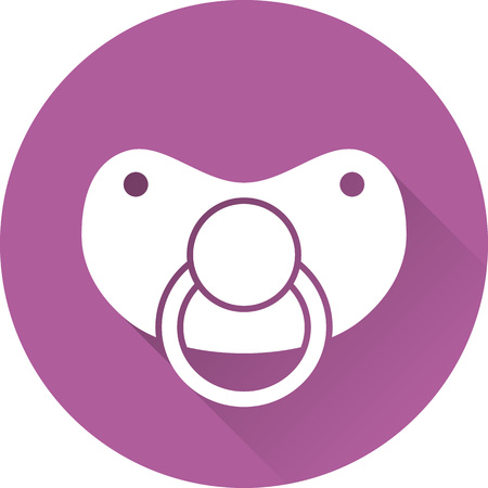 Nipple baby icon. White pacifier on purple background. Vector. Baby shower simple symbol in flat...
