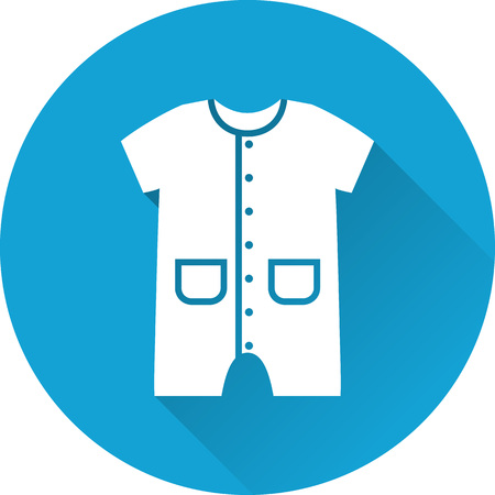 Bodysuit baby icon. Vector. White overall on blue background. Baby shower simple symbol in flat design with long shadow.のイラスト素材