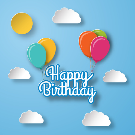 Happy birthday background. Holiday greeting template with balloons. Vector illustration. Invitation decoration card in paper art style.のイラスト素材