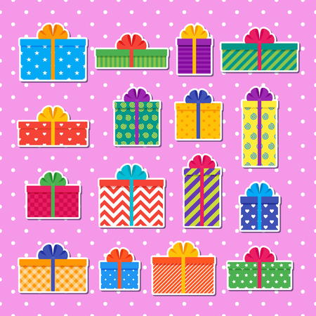 Gift boxes stickers in flat design. Wrapped presents with bows and ribbons. Vector. Set elements isolated on seamless dotted pink pattern for greeting cards and backgrounds.のイラスト素材