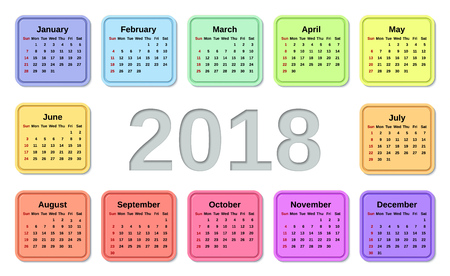 2018 calendar year. Vector graphic. Week starts Sunday. Design stationery template. Colorful illustration. Yearly calendar organizer on white background. のイラスト素材