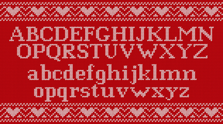 Knitted font. Christmas knit Latin alphabet on seamless pattern. Nordic Fair Isle knitting background. Sweater Xmas Valentine winter design with heats. Vector graphics.のイラスト素材