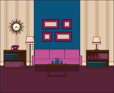 Room in flat design. Retro living room interior 60s in line art. Vector graphics. Linear illustration. Thin line vintage home space with sofa, telephone and lamps. House equipment 70s. Background 50s.のイラスト素材