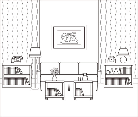 Living room interior sketch. Retro room in line art. Vector. Linear vintage illustration. Thin line home space with furniture in flat design. Outline black white house equipment 60s 70s.のイラスト素材