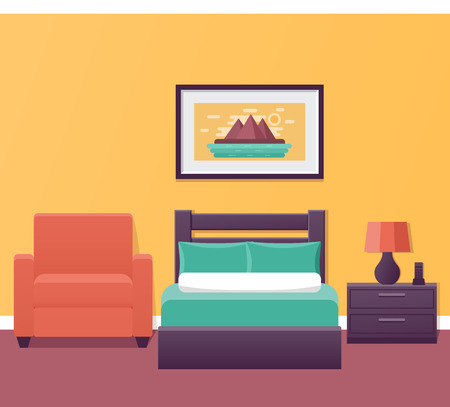 Hotel room interior in flat style. Bedroom house design with bed and armchair. Vector illustration. Single room in inn. Home background with furniture.のイラスト素材