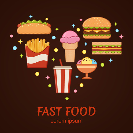 Fast food icons in heart concept on dark background. Vector. Set unhealthy meal in flat line art style. Linear restaurant snacks. Junk colorful cooking elements. Outline design with space for text. のイラスト素材