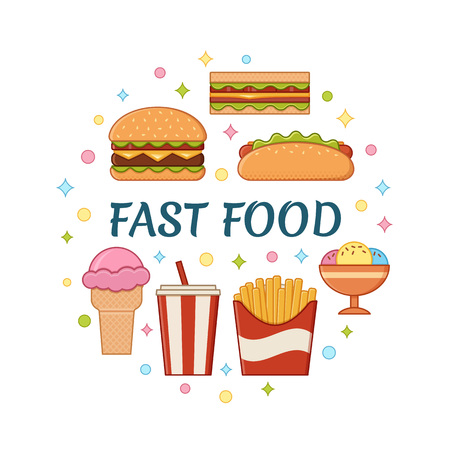 Fast food icons in circle concept with text. Vector. Set unhealthy meal in flat line art style. Linear restaurant snacks. Junk colorful cooking elements. Outline design with space for typography. のイラスト素材