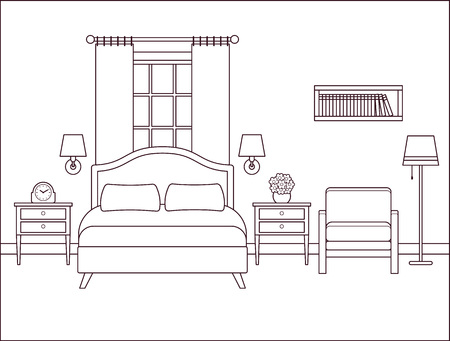 Bedroom interior. Hotel room with bed and window. Vector. Outline illustration. Retro house in flat design. Vintage apartment.のイラスト素材