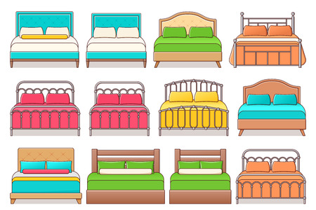 Bed. Vector. Outline furniture icon in flat design for bedroom. Linear illustration in line art style. House equipment set for hotel room isolated on white background.のイラスト素材