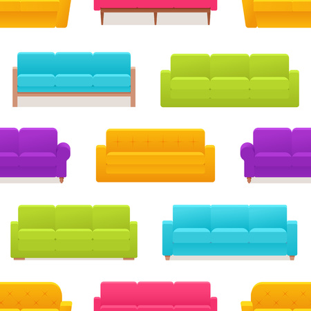 Seamless pattern. Sofa, couch on white background. Vector. Colorful set furniture in flat design. Cartoon illustration.のイラスト素材