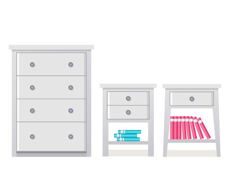 Chest of drawers, bedside table. Vector. Furniture icon in flat design. Cartoon house equipment dresser, commode, bureau for bedroom and living room isolated on white background.のイラスト素材