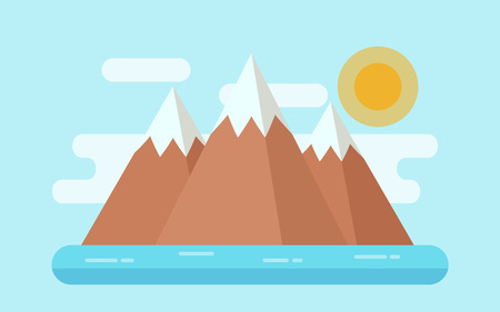 Sea landscape with snow mountains, island. Vector. Illustration in flat design. Nature seascape horizontal background.のイラスト素材